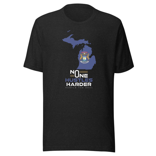 Black Michigan T-shirt with state flag graphic and No One Hustles Harder motivational design