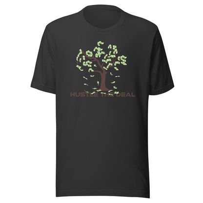 Dark grey Money Tree graphic t-shirt with dollar bill tree and Hustle The Deal logo