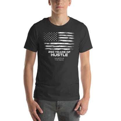 Dark grey 250 Years of Hustle graphic t-shirt with American flag design