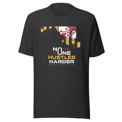 Grey t-shirt with Maryland flag graphic and "No One Hustles Harder" text