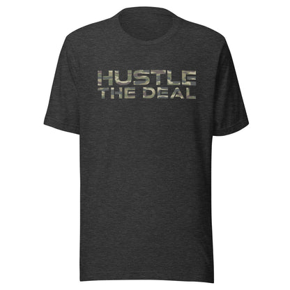 Dark Grey Heather Camouflage Hustle The Deal T-Shirt with camo logo graphic