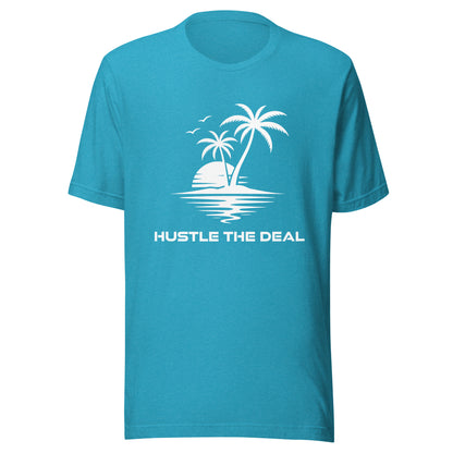 Blue Paradise graphic t-shirt with tropical island palm tree and sunset design