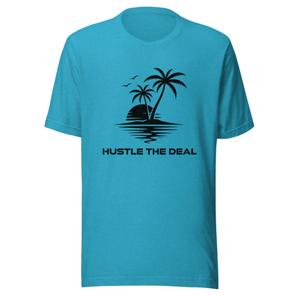 Blue heather Palm Tree Hustle graphic t-shirt with tropical island, palm trees, and sunset design