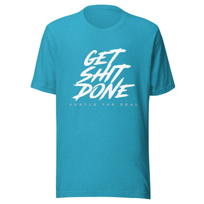 Blue Get Shit Done white typography graphic t-shirt with bold brushstroke design