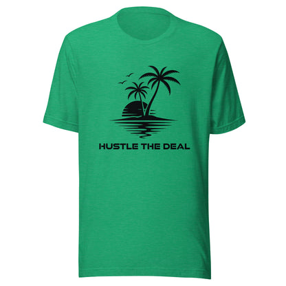 Green Palm Tree Hustle graphic t-shirt with tropical island, palm trees, and sunset design