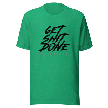 Green Get Shit Done graphic t-shirt with bold brushstroke typography design