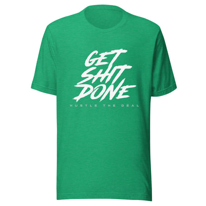 Green Get Shit Done white typography graphic t-shirt with bold brushstroke design
