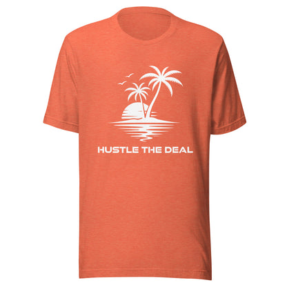 Orange Paradise graphic t-shirt with tropical island palm tree and sunset design