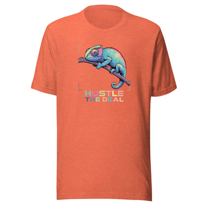 Colorful chameleon graphic on orange t-shirt