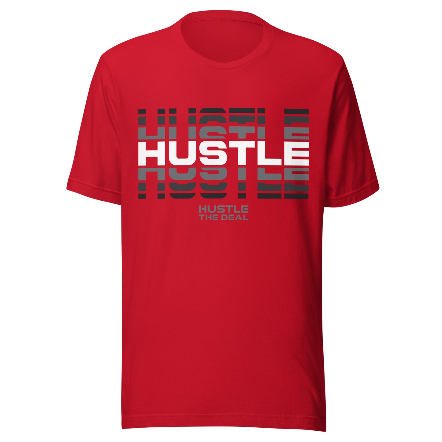 Red Reflective Hustle Graphic T-Shirt with layered hustle design