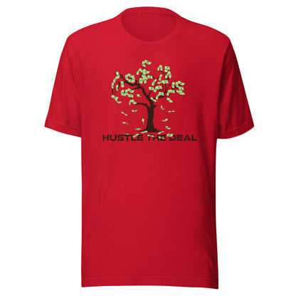 Red Money Tree graphic t-shirt with dollar bill tree and Hustle The Deal logo