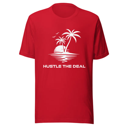 Red Paradise graphic t-shirt with tropical island palm tree and sunset design