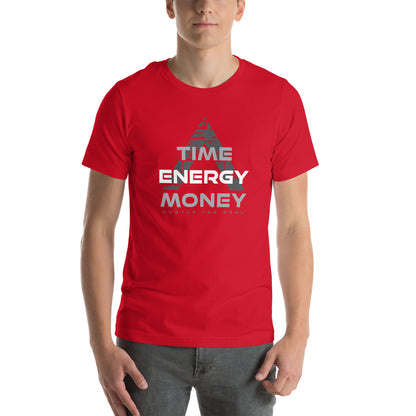 Red Time Energy Money graphic t-shirt featuring pyramid typography design