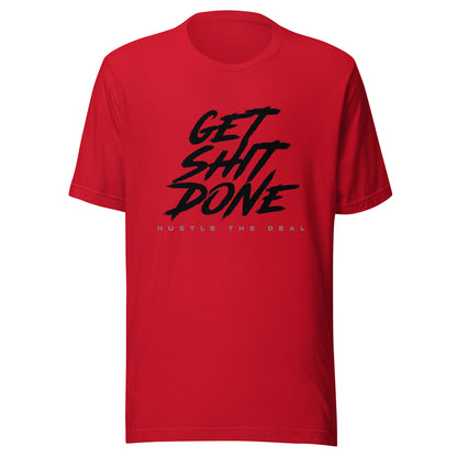 Red Get Shit Done graphic t-shirt with bold brushstroke typography design