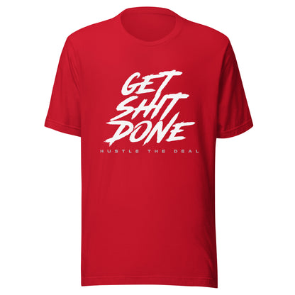 Red Get Shit Done white typography graphic t-shirt with bold brushstroke design