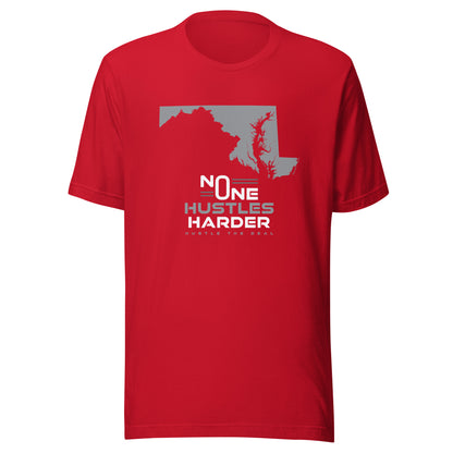 Red t-shirt featuring Maryland state outline graphic