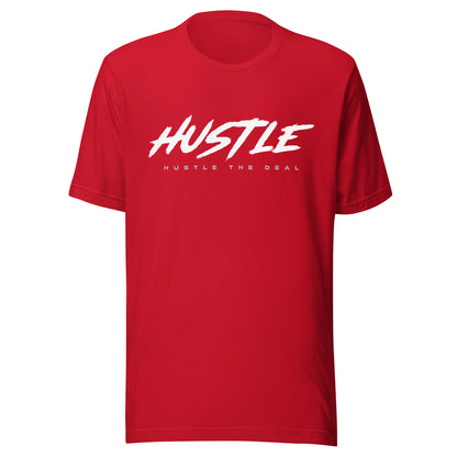 Red t-shirt with brush-style "HUSTLE" graphic
