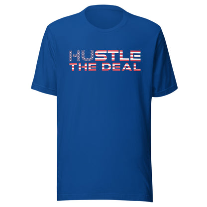 Blue American Flag Hustle The Deal T-Shirt with patriotic logo graphic