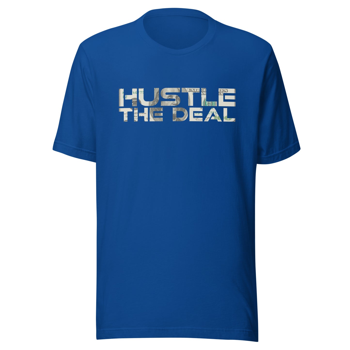 Navy $100 Bill Hustle The Deal T-Shirt with money graphic logo