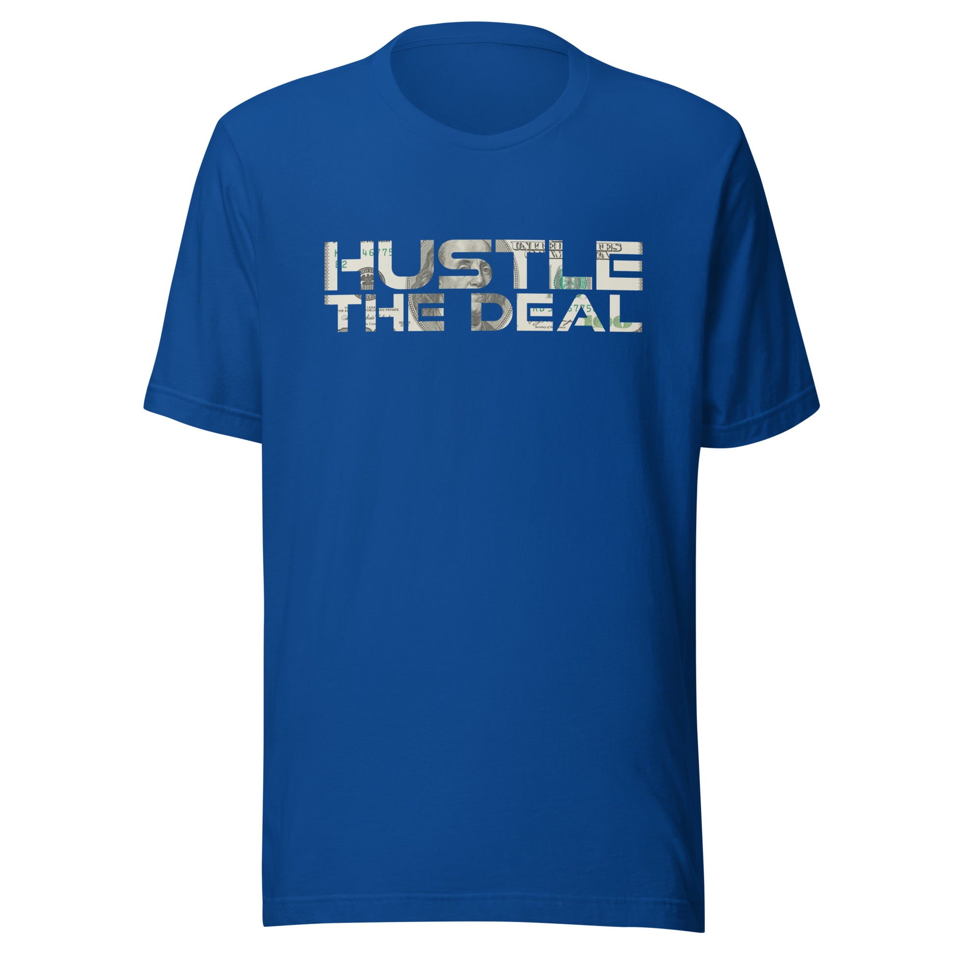 Navy $100 Bill Hustle The Deal T-Shirt with money graphic logo