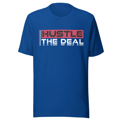 Blue Red Hustle graphic t-shirt with red Hustle The Deal design