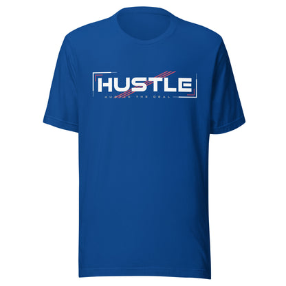 Blue Hustle graphic t-shirt with minimalist Hustle The Deal design