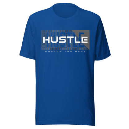 Blue Shadow Hustle graphic t-shirt with layered HUSTLE shadow design