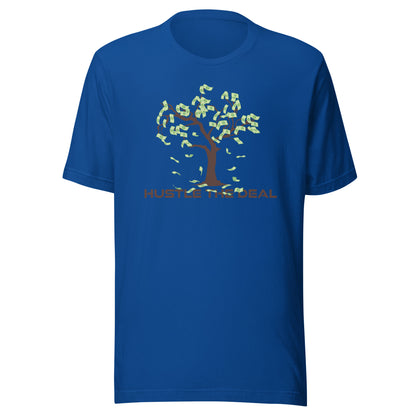 Blue Money Tree graphic t-shirt with dollar bill tree and Hustle The Deal logo