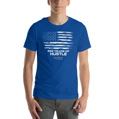 Blue 250 Years of Hustle graphic t-shirt with American flag design