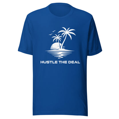 Blue Paradise graphic t-shirt with tropical island palm tree and sunset design