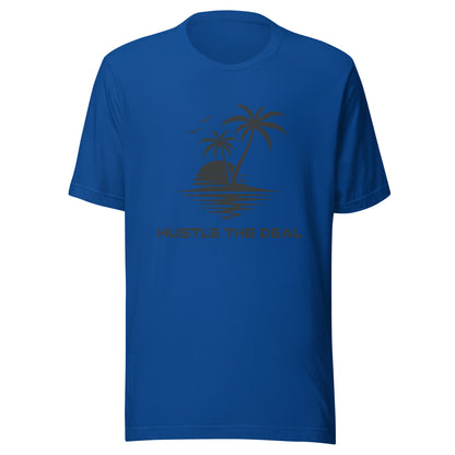 Blue Palm Tree Hustle graphic t-shirt with tropical island, palm trees, and sunset design