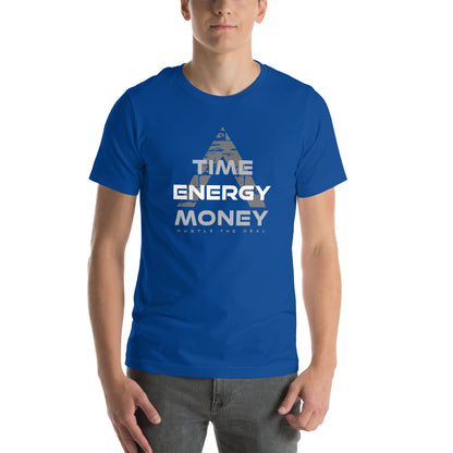 Blue Time Energy Money graphic t-shirt featuring pyramid typography design