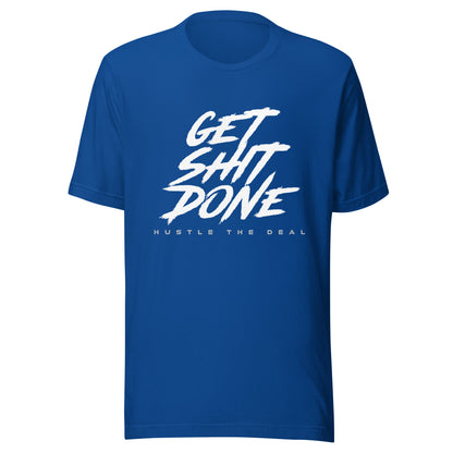 Blue Get Shit Done white typography graphic t-shirt with bold brushstroke design
