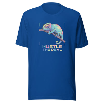 Colorful chameleon graphic on blue t-shirt