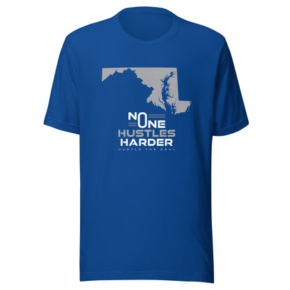 Blue t-shirt featuring Maryland state outline graphic