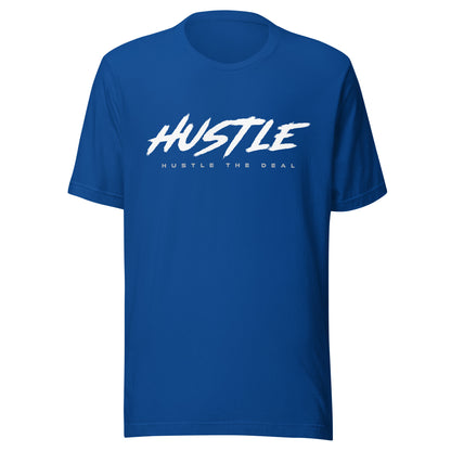 Blue t-shirt with brush-style "HUSTLE" graphic