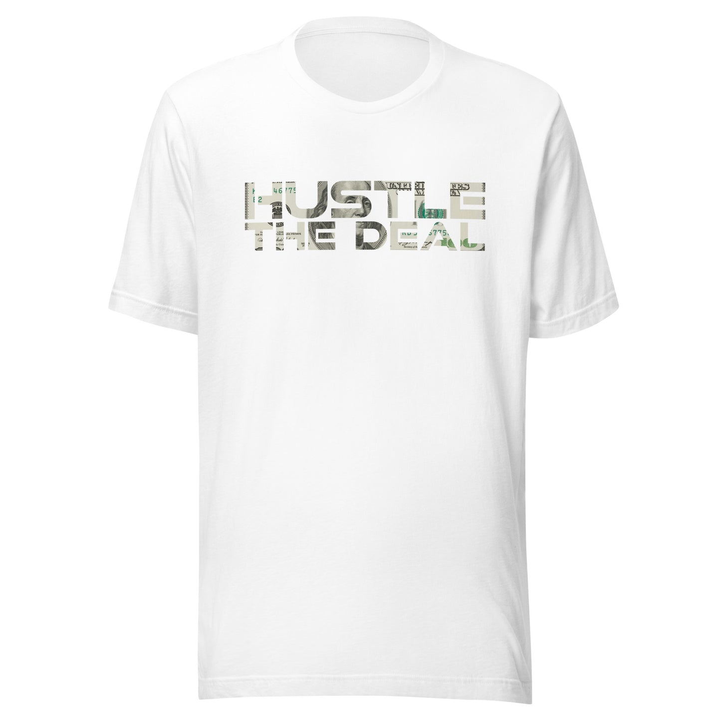 White $100 Bill Hustle The Deal T-Shirt with money graphic logo