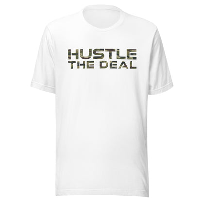 White Camouflage Hustle The Deal T-Shirt with camo logo graphic