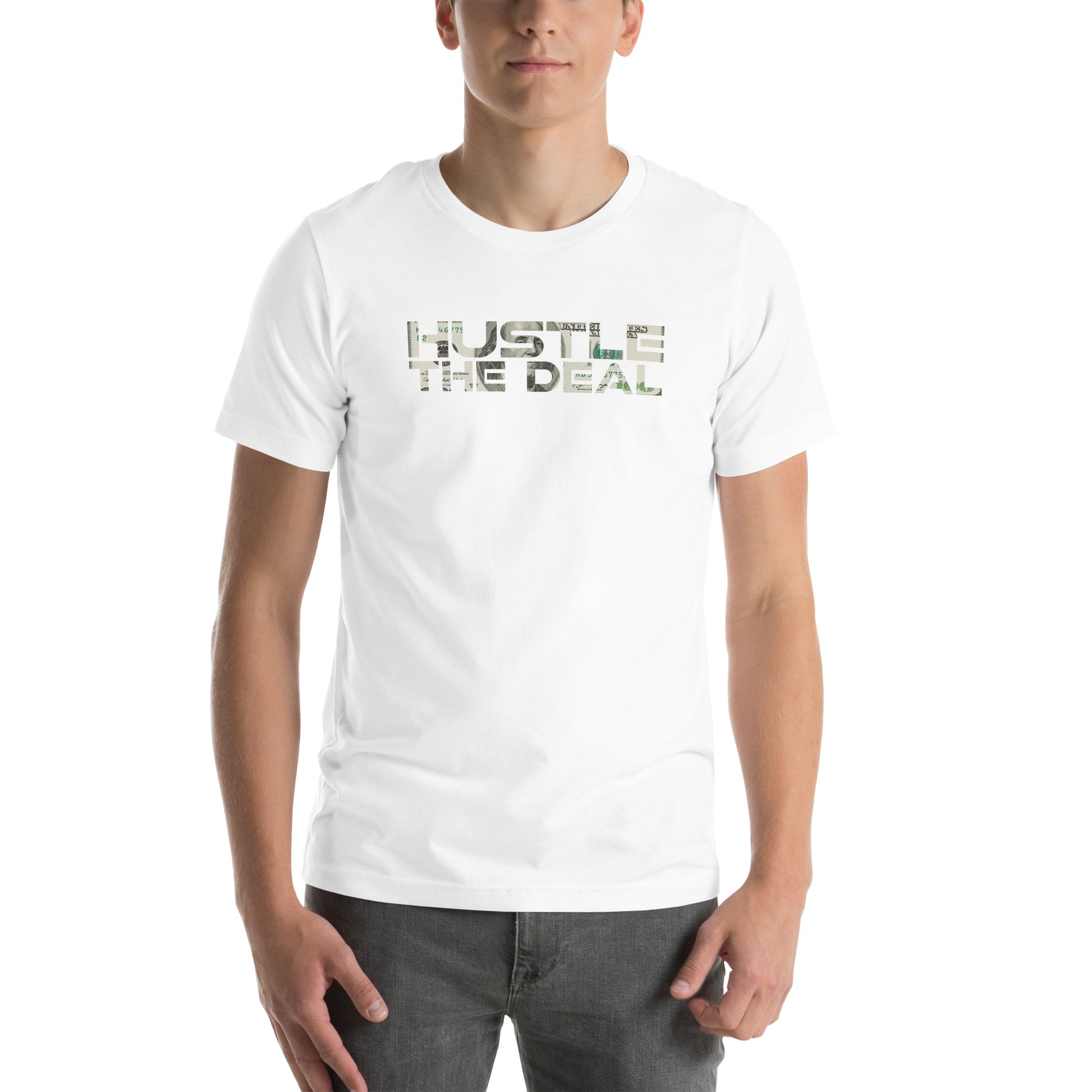 White $100 Bill Hustle The Deal T-Shirt with money graphic logo