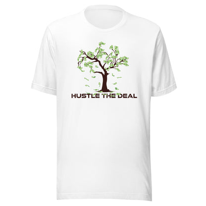 White Money Tree graphic t-shirt with dollar bill tree and Hustle The Deal logo