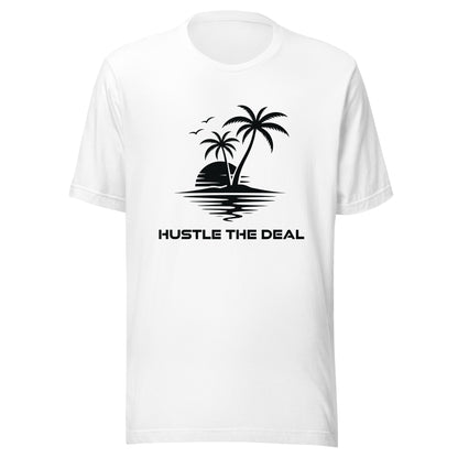 White Palm Tree Hustle graphic t-shirt with tropical island, palm trees, and sunset design