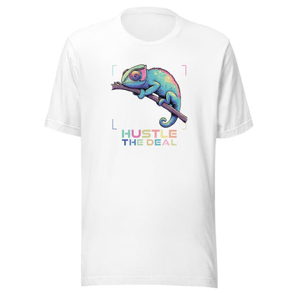 Colorful chameleon graphic on white t-shirt