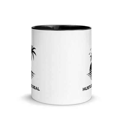 White ceramic Paradise Coffee Mug with black handle and palm tree Hustle The Deal design