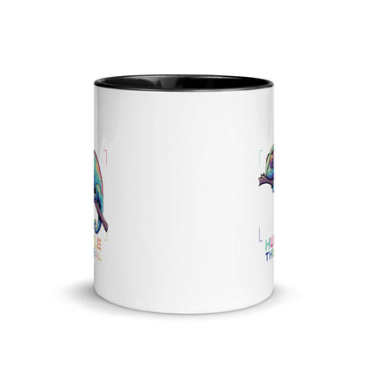 Hustle The Deal chameleon coffee mug with colorful chameleon artwork and black handle