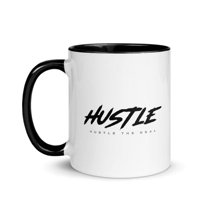 Hustle The Deal Hustle coffee mug with black rim, handle, and interior