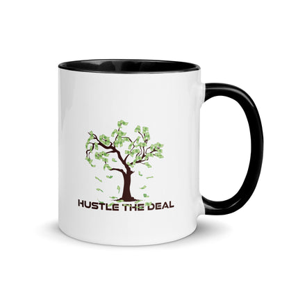 White ceramic coffee mug with black handle and Hustle The Deal money tree design