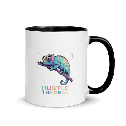 Hustle The Deal chameleon coffee mug with colorful chameleon artwork and black handle