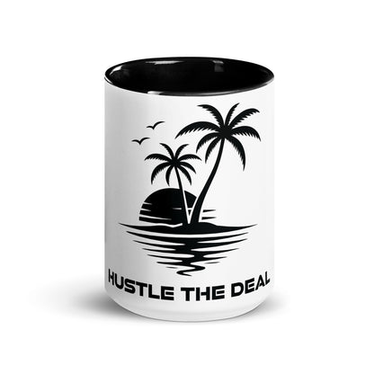 White ceramic Paradise Coffee Mug with black handle and palm tree Hustle The Deal design