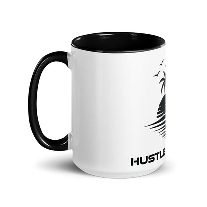 White ceramic Paradise Coffee Mug with black handle and palm tree Hustle The Deal design
