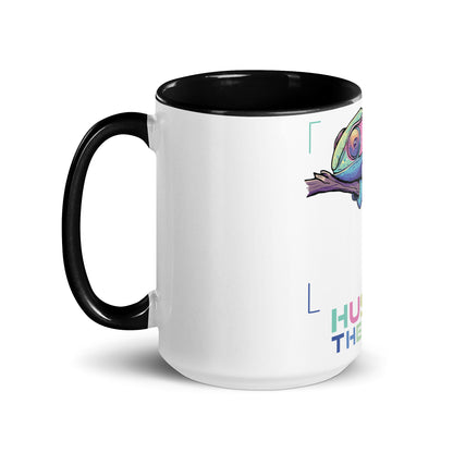 Hustle The Deal chameleon coffee mug with colorful chameleon artwork and black handle